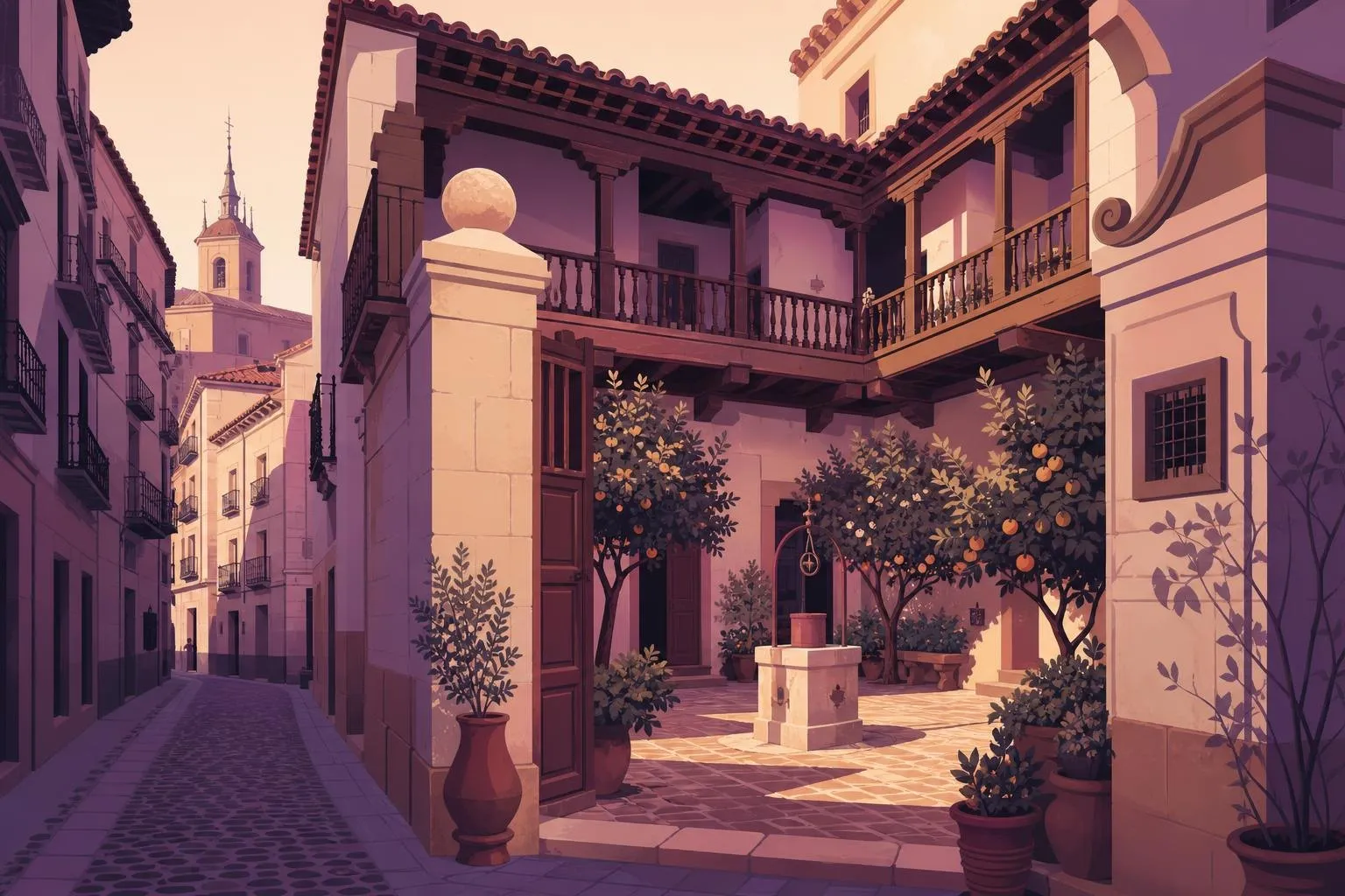 Ilustración de una casa madrileña del siglo XVII con patio y jardín