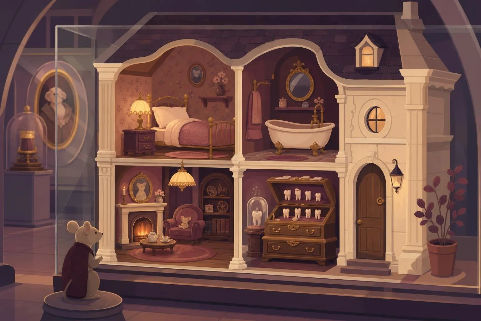 Ilustración de una casita de ratón en miniatura con sus habitaciones amuebladas