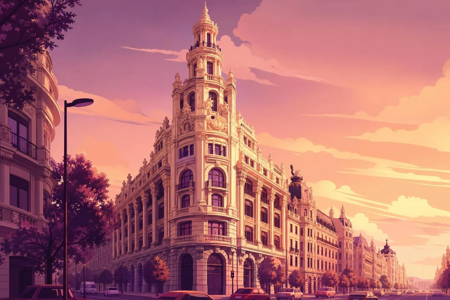 Ilustración de un edificio de principios del siglo XX con torre en una gran avenida de Madrid