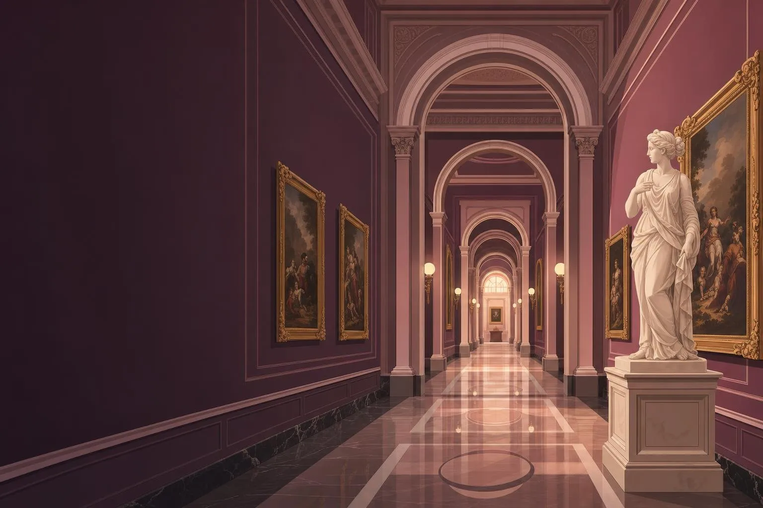 Galería de un museo con cuadros de marco dorado y una escultura de mármol en primer plano
