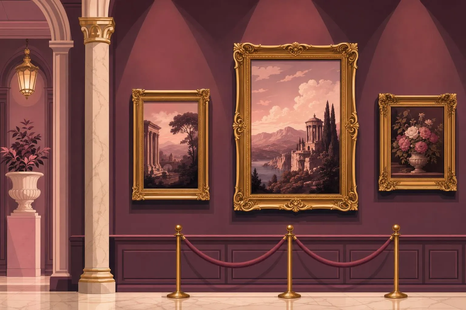 Galería de un museo con cuadros en las paredes