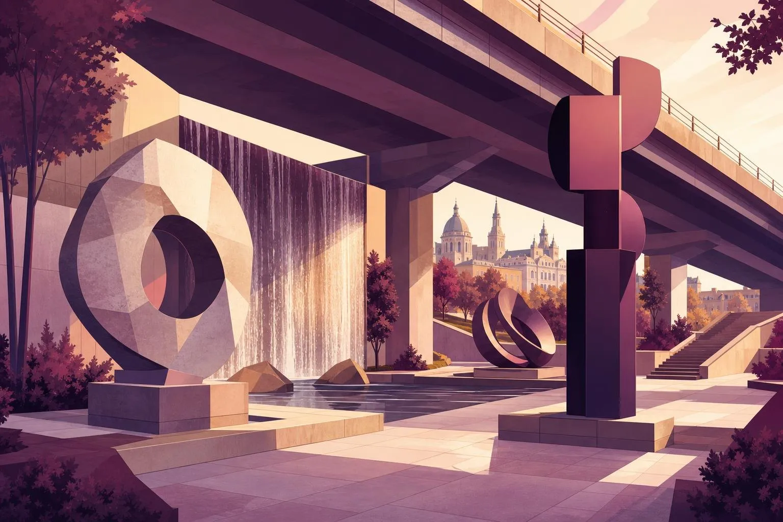 Ilustración de un museo de esculturas al aire libre bajo un puente, con una cascada