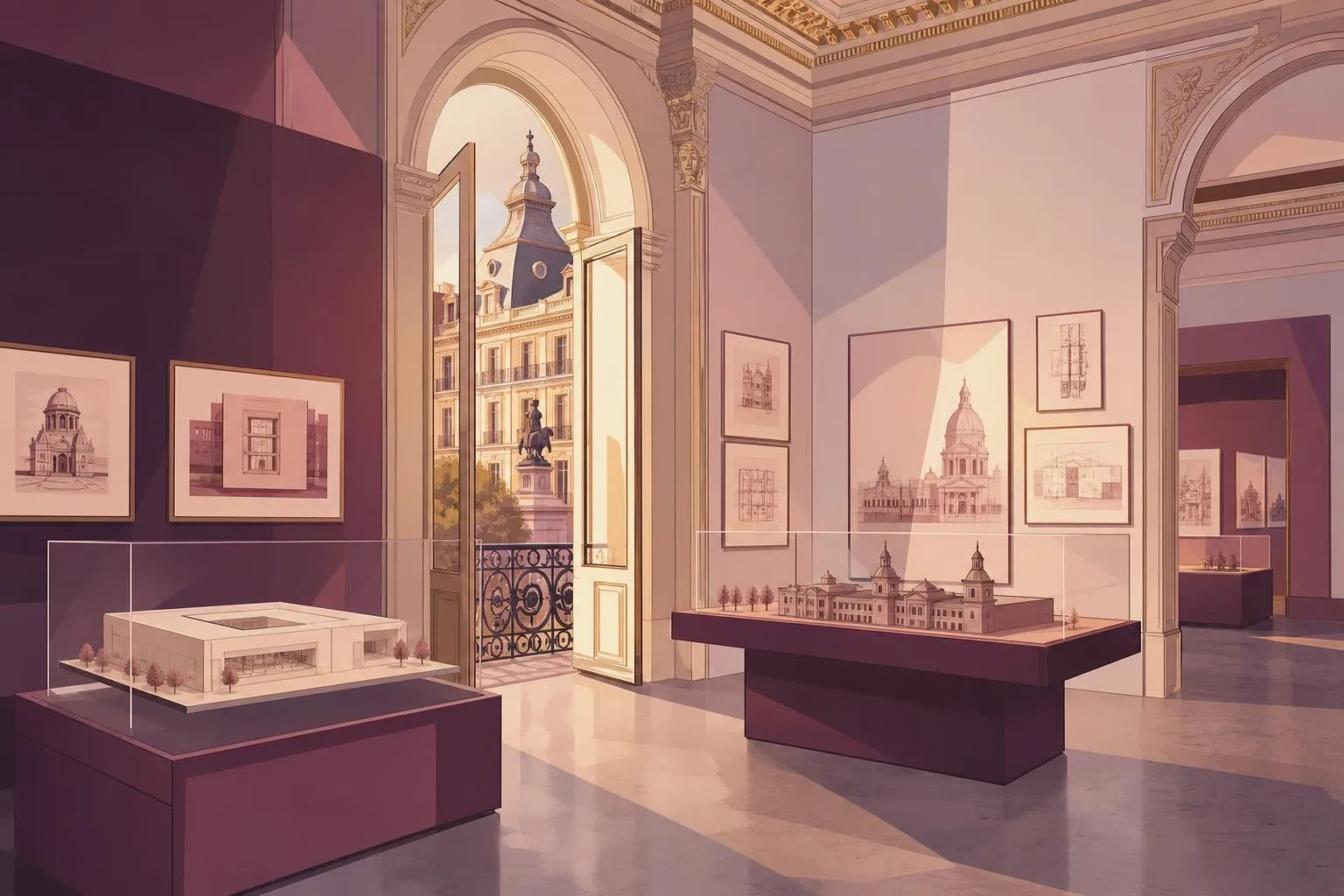 Ilustración de una sala de exposiciones con maquetas y dibujos de arquitectura