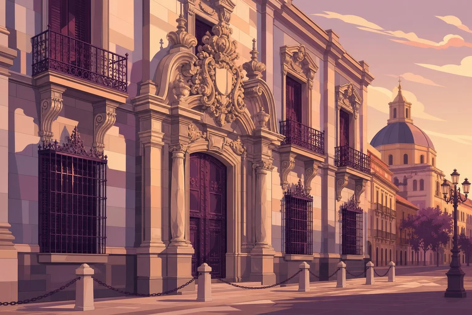 Ilustración de una fachada barroca de piedra con portada labrada en una calle de Madrid