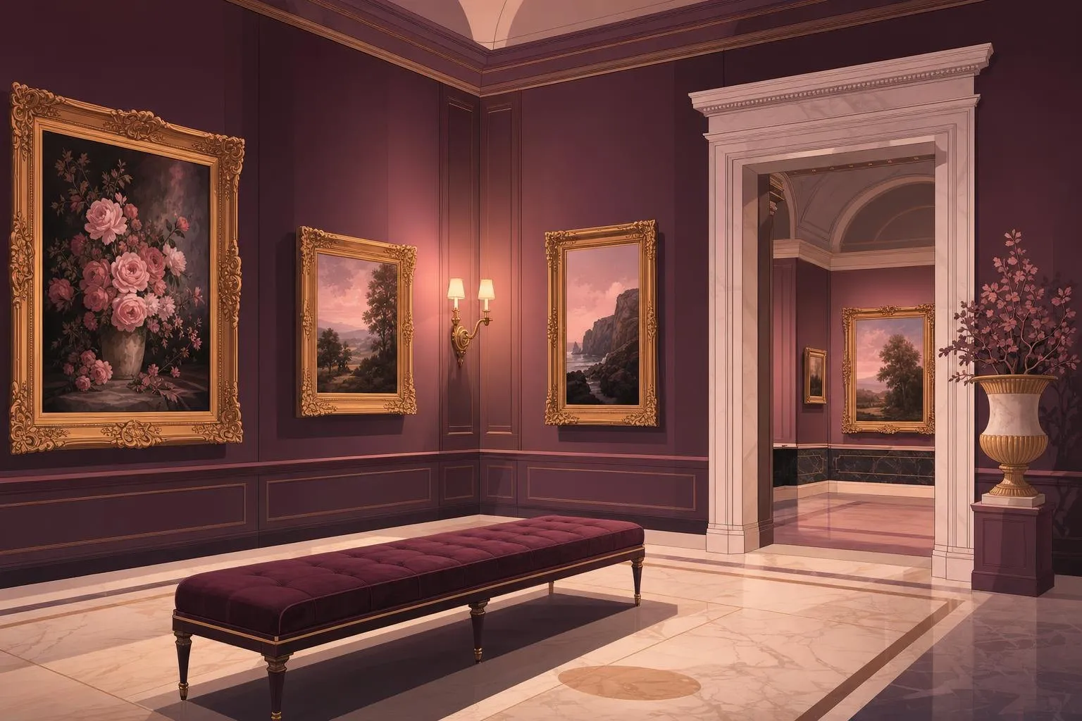 Sala tranquila de museo con un banco tapizado frente a los cuadros