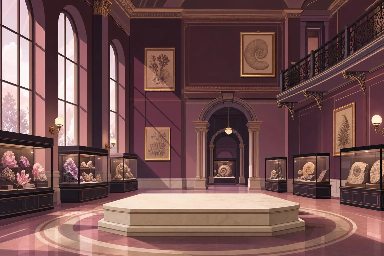 Sala de un museo de ciencias naturales con vitrinas y ventanales